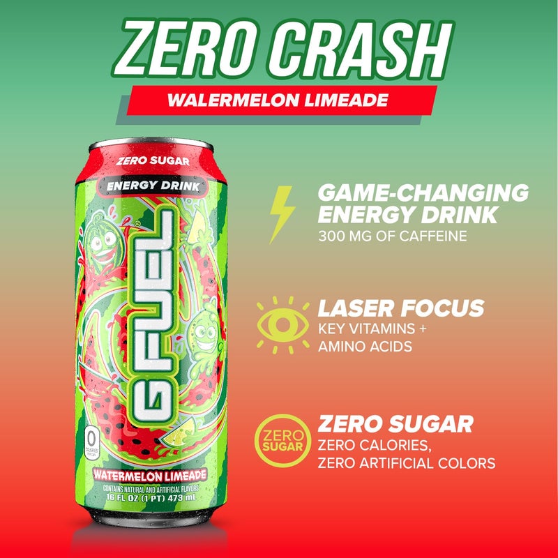 G Fuel Energy Drink, Watermelon, Sugar Free Beverage with 300mg Caffeine, Daily Energy Boost with Focus Amino, Vitamin + Antioxidants, 16 oz Cans (Watermelon Limeade, 12-Pack) - Image 3
